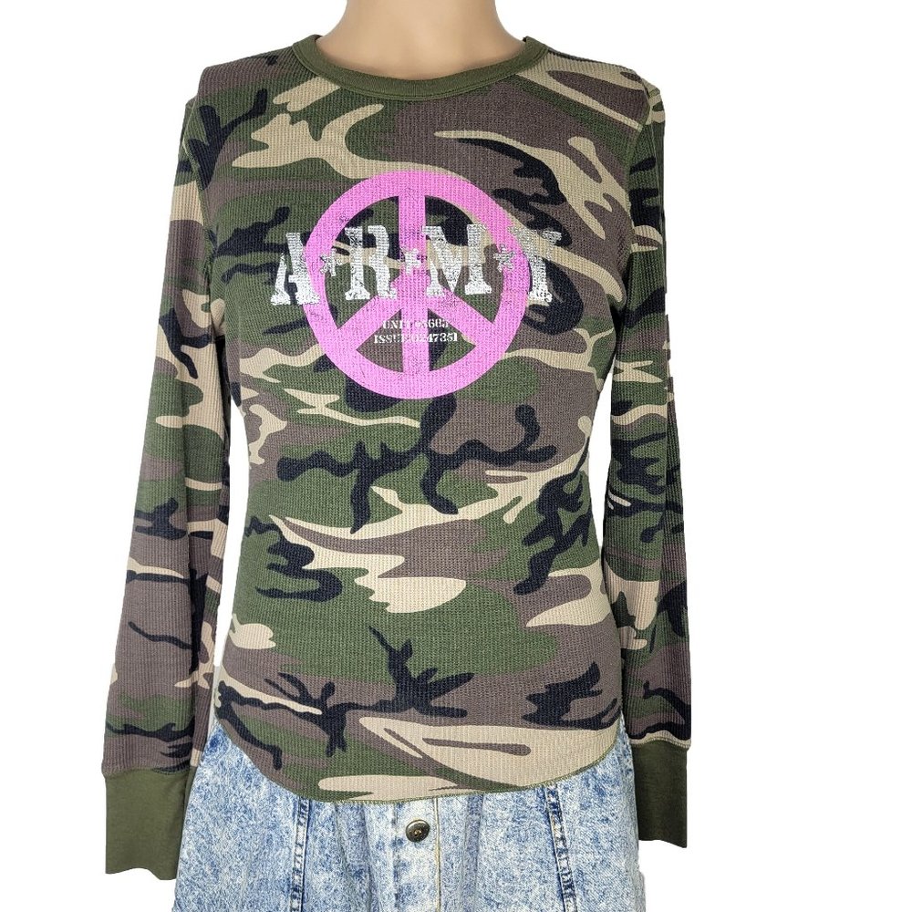 Vintage Jerry Leigh Camo Pink Peace Sign Long Sleeve Thermal Shirt Size XXL